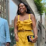 Tricia’s yellow ruffled crop top and pants set on Owning Manhattan