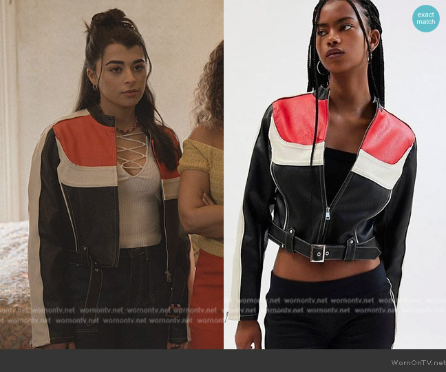 Urban Outfitters Jordan Faux Leather Fitted Racer Moto Jacket worn by Ana (Lilian Rebelo) on Only Murders in the Building