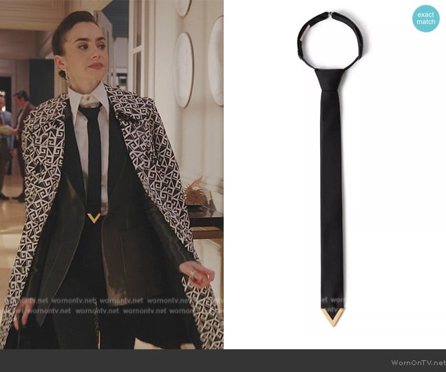 Valentino Garavani Wool And Silk Tie With Metal V Applique worn by Emily Cooper (Lily Collins) on Emily in Paris