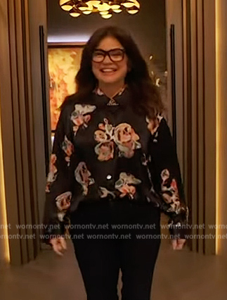 Valerie Bertinelli's black floral print blouse on The Drew Barrymore Show