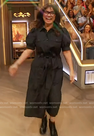 Valerie Bertinelli's black puff sleeve shirtdress on The Drew Barrymore Show