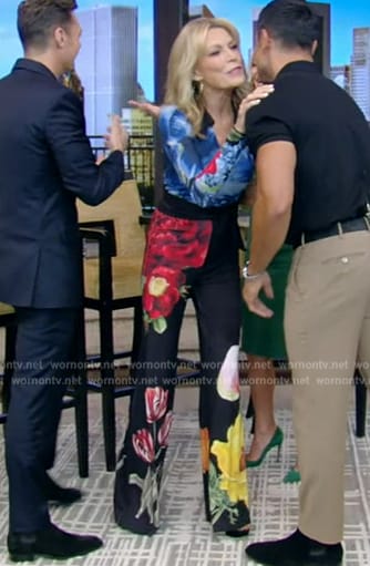 Vanna White’s black floral print jumpsuit on Live with Kelly and Mark