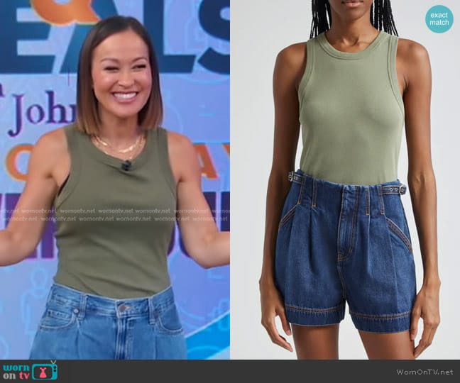 Veronica Beard Jordyn Cotton Rib Crop Tank Top in Sage worn by Eva Pilgrim on Good Morning America