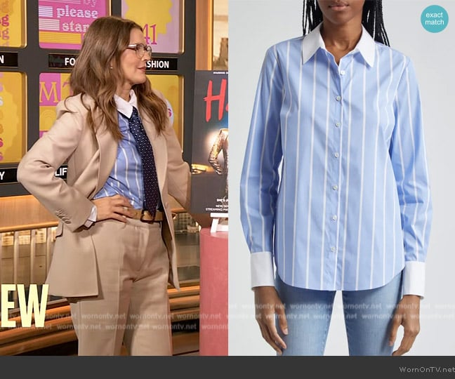 Veronica Beard Marisol Stripe Cotton Blend Button-Up Shirt worn by Drew Barrymore on The Drew Barrymore Show