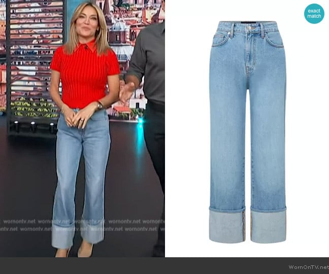 Veronica Beard Dylan Cuffed High Waist Straight Leg Jeans in Silverwood Blue worn by Kit Hoover on Access Hollywood