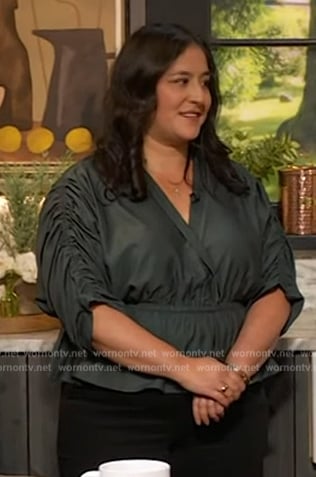 Veronica Garza's green peplum wrap top on The Drew Barrymore Show