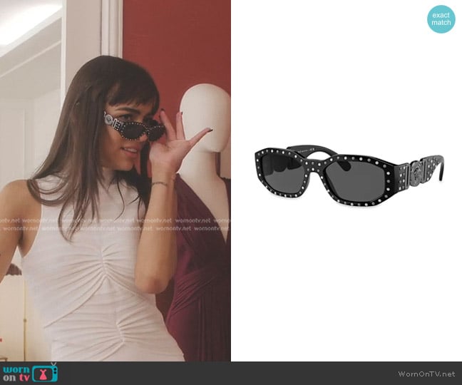 Versace 53MM Medusa Detail Oval Sunglasses in Black Grey worn by Genevieve (Thalia Besson) on Emily in Paris