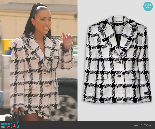 Versace Checked Wool-blend Tweed Blazer in Ivory worn by Bre Tiesi on Selling Sunset