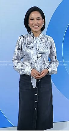 Vicky's newspaper print blouse and denim skirt on Today