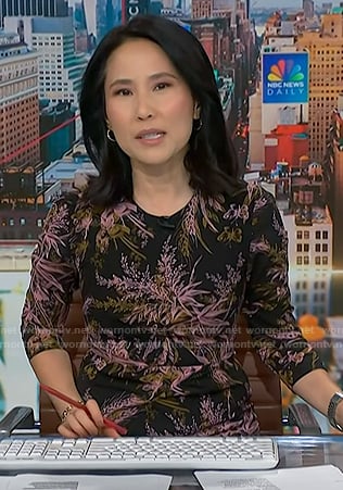 Vicky's black floral print sheath dress on NBC News Daily