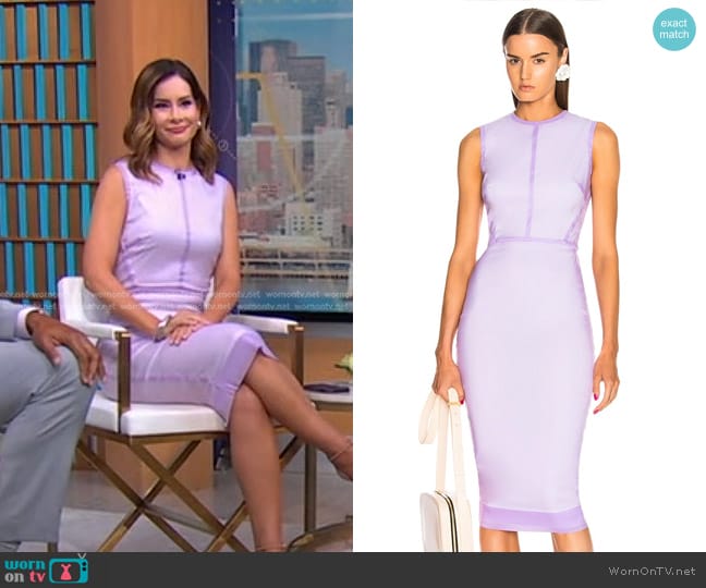 Victoria Beckham Sleeveless Linear Fitted Midi Dress in Lilac worn by Rebecca Jarvis on Good Morning America