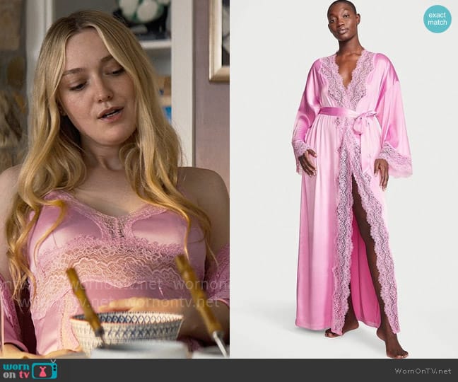 Victorias Secret Lace Trim Satin Long Robe worn by Abby Winbury (Dakota Fanning) on The Perfect Couple