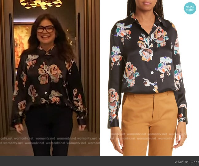 Vince Ikat Floral Silk Blouse worn by Valerie Bertinelli on The Drew Barrymore Show