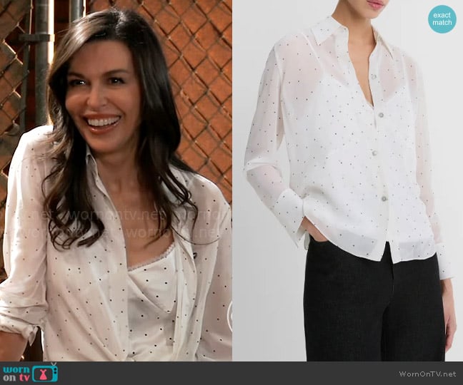 Vince Pin Dot Sheer Silk Button-Up Shirt & Lace Trim Camisole worn by Anna Devane (Finola Hughes) on General Hospital