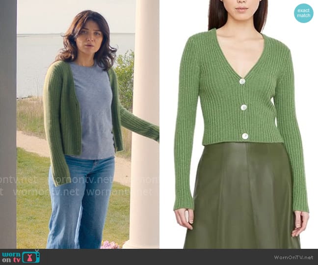 Amelia’s green rib knit cardigan on The Perfect Couple