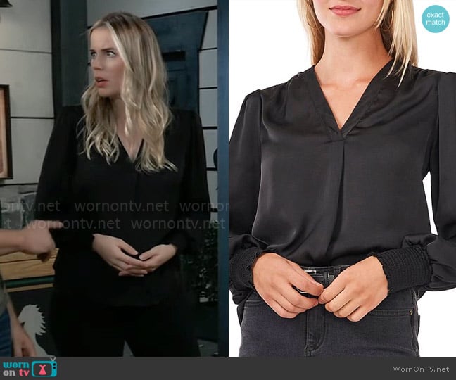 Vince Camuto V-Neck Long Sleeve Smocked Cuff Rumple Blouse worn by Sasha Gilmore (Sofia Mattsson) on General Hospital