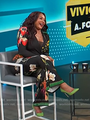 Vivica A. Fox's black floral print jumpsuit on Access Hollywood