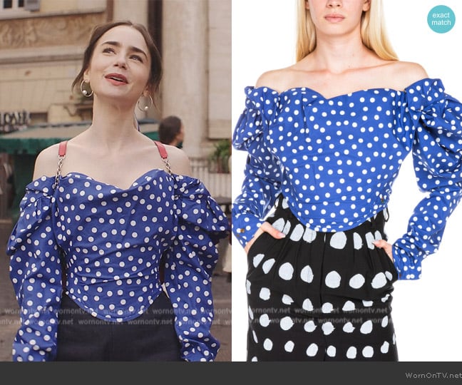 Vivienne Westwood Polka Dot Corset Top worn by Emily Cooper (Lily Collins) on Emily in Paris