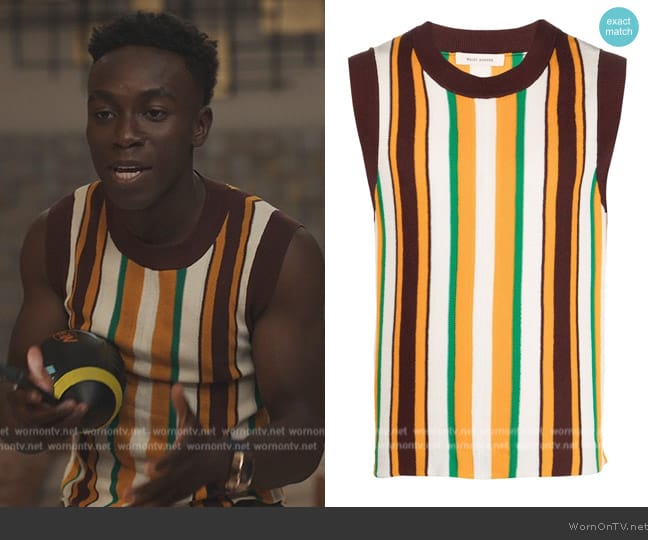 Wales Bonner Scale striped knitted vest worn by Carlton Banks (Olly Sholotan) on Bel-Air