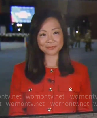 Weijia Jiang's red jacket with gold buttons on CBS Mornings