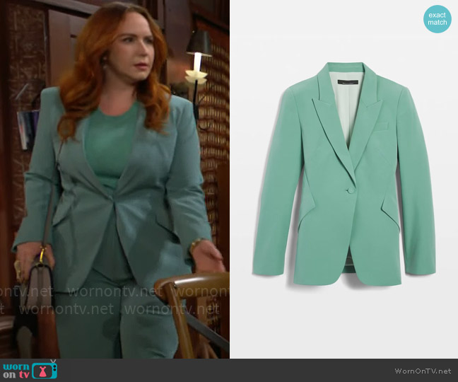 White House Black Market Fluid Editor Blazer in Agave worn by Mariah Copeland (Camryn Grimes) on The Young and the Restless