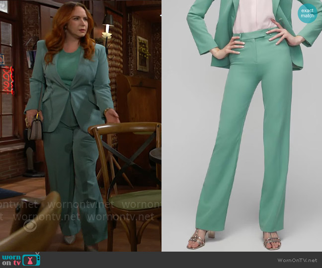 White House Black Market Luna Wide Leg Trousers in Agave worn by Mariah Copeland (Camryn Grimes) on The Young and the Restless