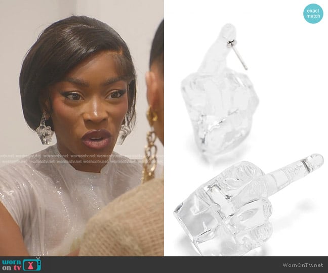 Y/Project Hand-shaped Transparent Earrings worn by Chelsea Lazkani on Selling Sunset