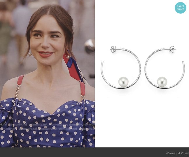 Yana Nesper Creoles with Diamonds and South Sea Pearls worn by Emily Cooper (Lily Collins) on Emily in Paris