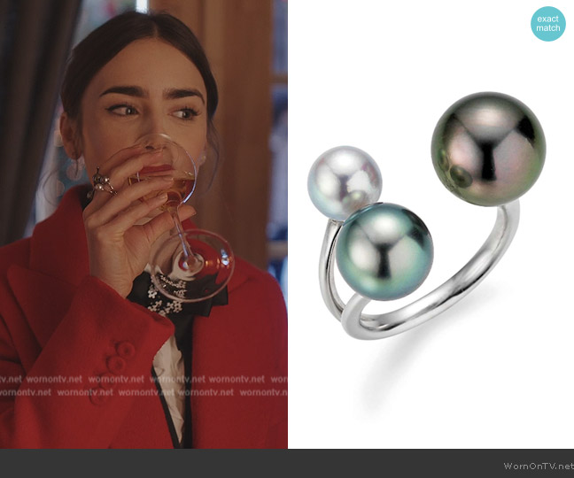 Yana Nesper Open White Gold Ring with Tahiti Pearls and Akoya Pearl worn by Emily Cooper (Lily Collins) on Emily in Paris