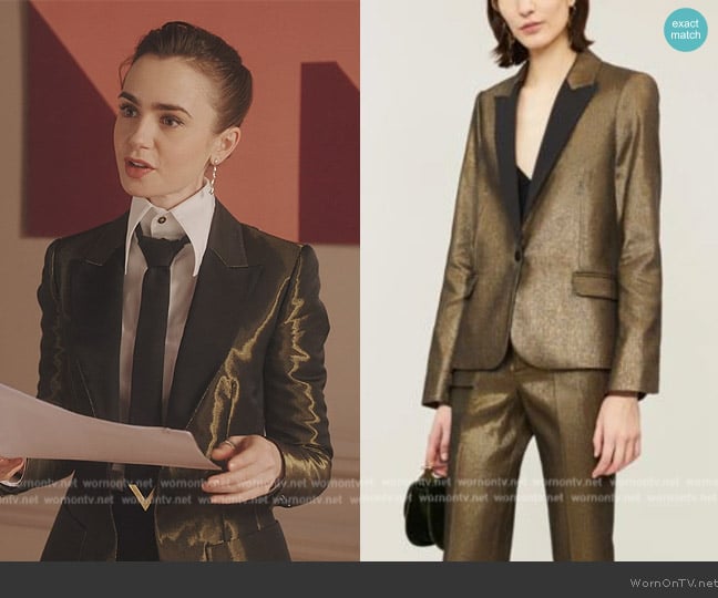 Zadig and Voltaire Victor Metallic Woven Blazer In Bronze worn by Emily Cooper (Lily Collins) on Emily in Paris