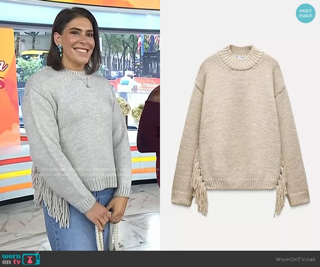 Zara Fringed Knit Sweater in Beige Marl worn by Katie Stilo on Today