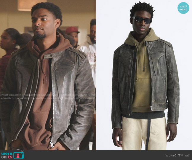 Zara Leather Biker Jacket in Grey worn by JR (Sylvester Powell) on All American Homecoming