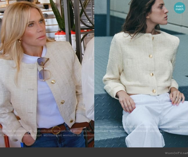 Zara Textured Weave Bomber Jacket worn by Jennifer Pedranti on The Real Housewives of Orange County