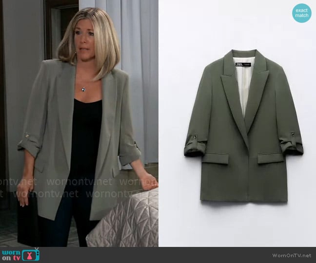 Zara Blazer with Rolled Up Sleeves in Khaki worn by Carly Spencer (Laura Wright) on General Hospital