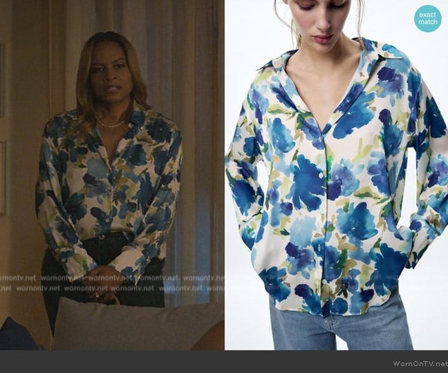 Zara Floral Satin Blouse worn by Sally Braswell (Nefetari Spencer) on Reasonable Doubt