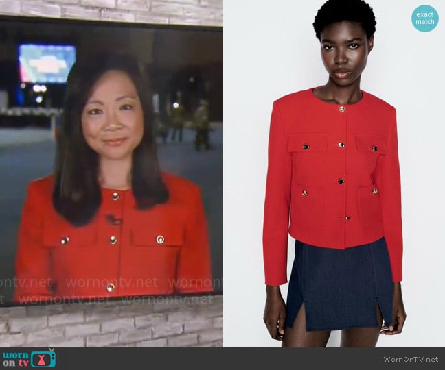 Zara Gold Button Cropped Blazer worn by Weijia Jiang on CBS Mornings