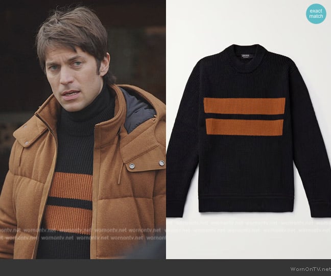 Zegna Striped Ribbed Cashmere Sweater worn by Gabriel (Lucas Bravo) on Emily in Paris