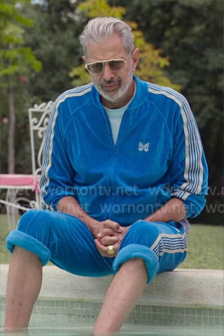 Zeus's blue velour track suit with butterfly on Kaos