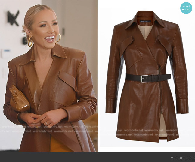 Zeynep Arcay Leather Mini Jacket Dress Brown worn by Mary Fitzgerald on Selling Sunset