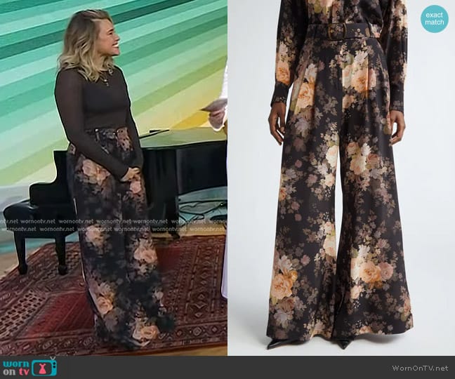 Zimmermann Illustration Tuck Floral Belted Silk Wide Leg Pants worn by Rachel Platten on Today