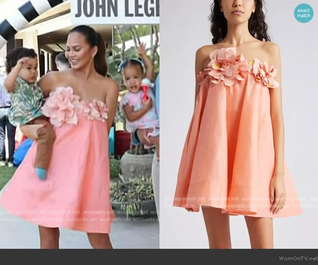 Zimmermann Natura Linen-Silk Strapless Minidress worn by Chrissy Teigen on Access Hollywood