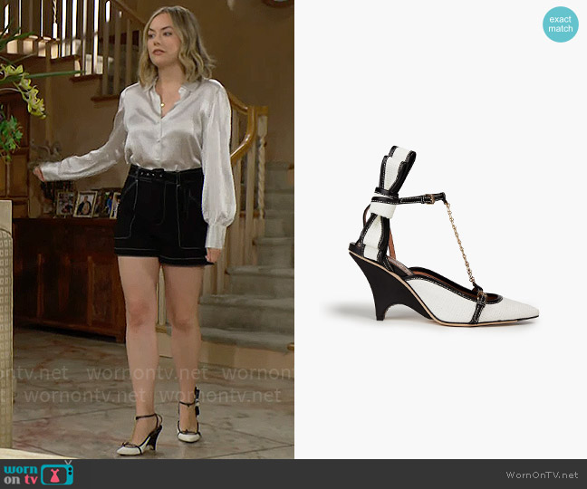 Zimmermann Bow-embellished leather-trimmed raffia pumps worn by Hope Logan (Annika Noelle) on The Bold and the Beautiful