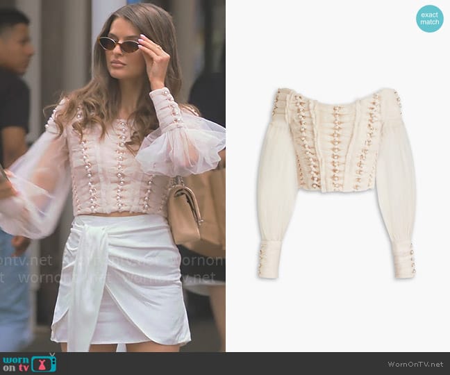 Zimmermann Off-the-shoulder cropped embellished tulle top worn by Jessica Markowski on Owning Manhattan