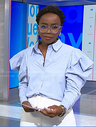 Zinhle's blue puff sleeve top on NBC News Daily