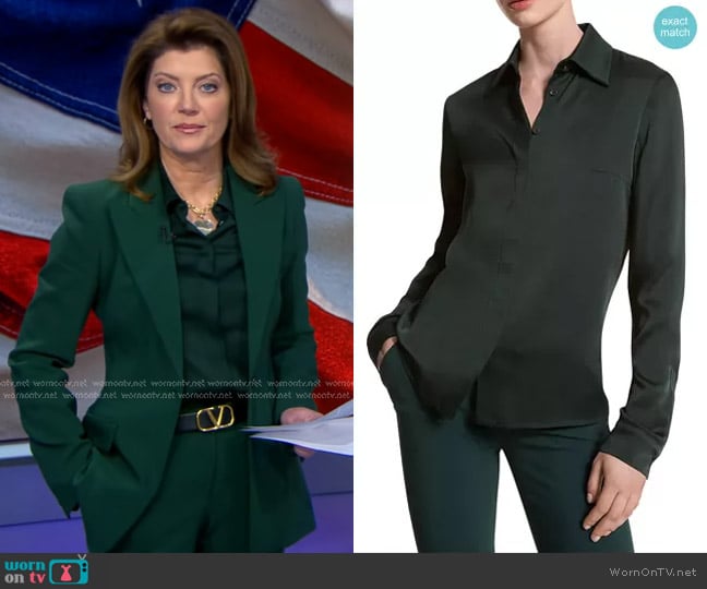 Michael Kors Collection Hansen Charmeuse Shirt in Forest worn by Norah O'Donnell on CBS Evening News