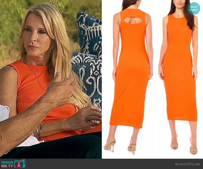 1.State Rib Knit Cutout Sleeveless Cotton Bodycon Dress in Scarlet Ibis worn by Joan Vassos on The Golden Bachelorette