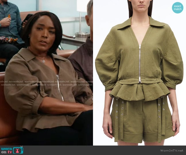 3.1 Phillip Lim Puff Sleeve Zip Top in Olive worn by Athena Grant (Angela Bassett) on 9-1-1