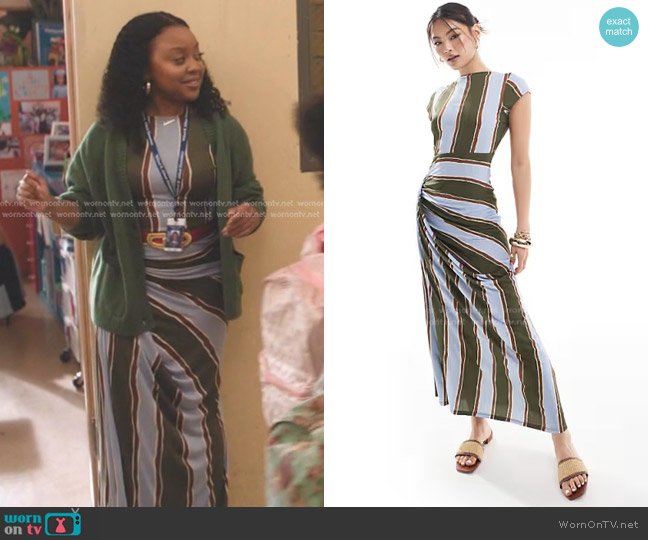 Asos Draped Midi Dress with Open Back in multi stripe worn by Janine Teagues (Quinta Brunson) on Abbott Elementary