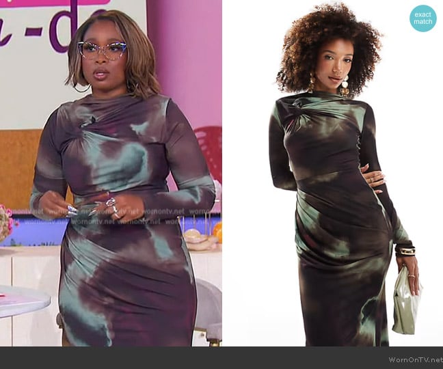 ASOS Long sleeve knot detail maxi dress in dark abstract print worn by Jennifer Hudson on The Jennifer Hudson Show