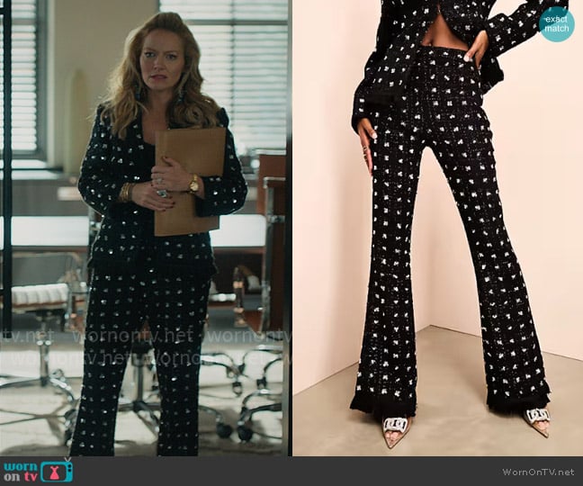 ASOS Luxe Embellished boucle kick flare pants with faux feather hem worn by Lorna Crane (Becki Newton) on The Lincoln Lawyer